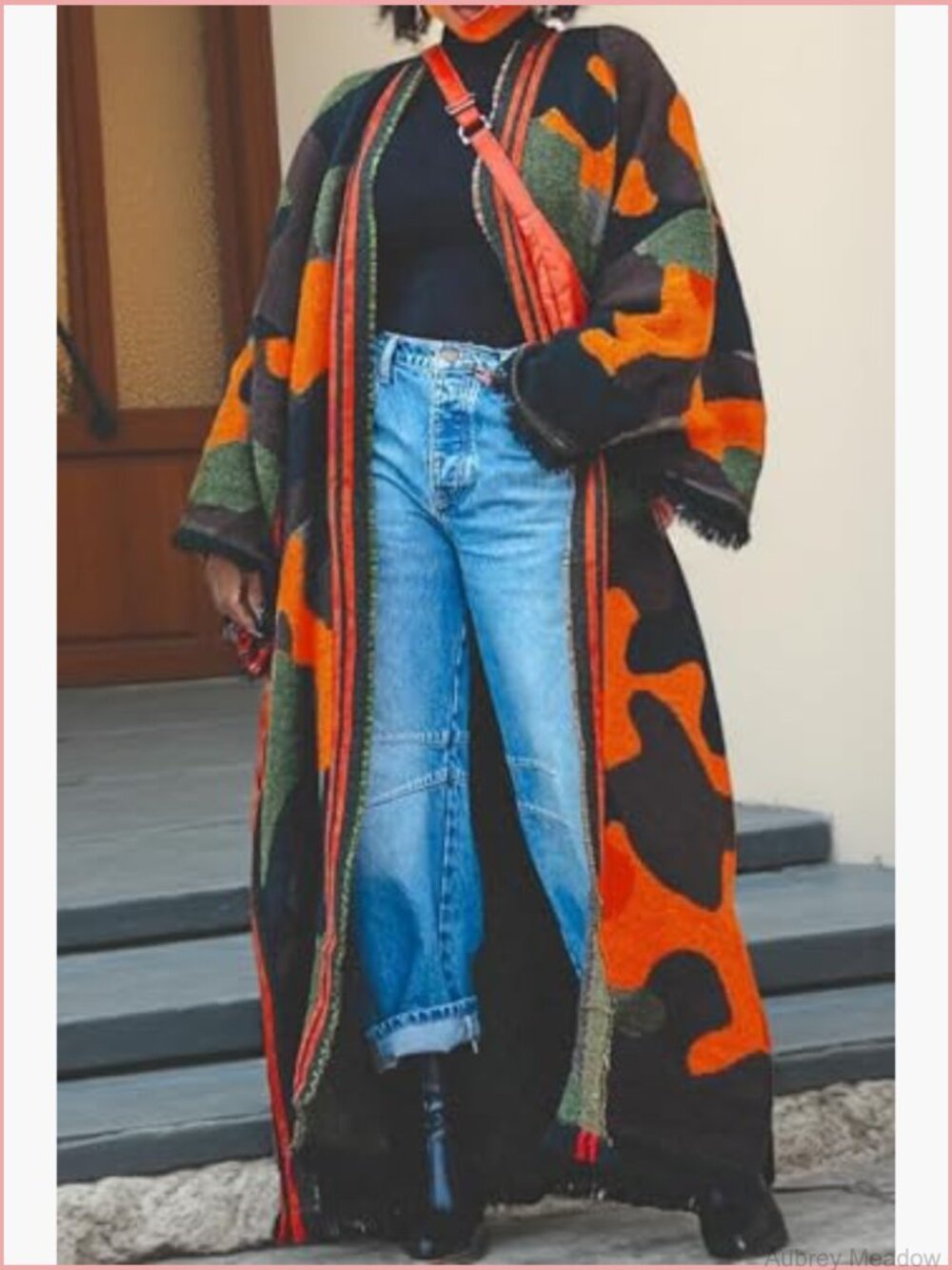 Long Camo Cardigan Poncho Open Front Fringe Knit Duster Kimono Maxi Cape Coat - Picture 3 of 7